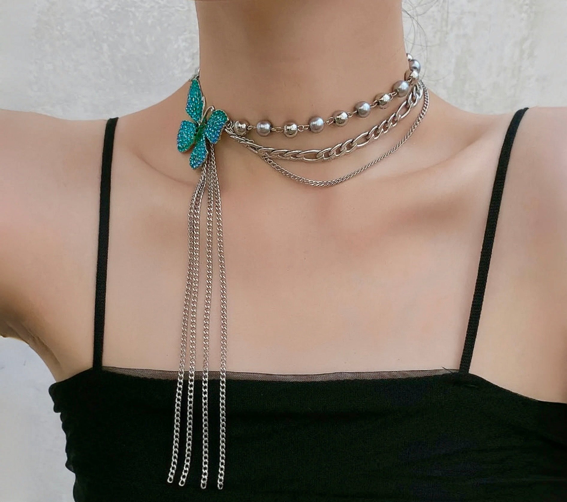 Fully Encrusted Rhinestone Butterfly, Vintage Sweet and Cool Long Tassel Choker